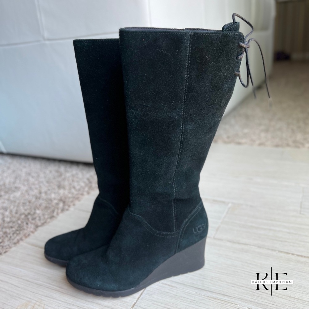 UGG Black Suede Lace up Side Zip Boots
